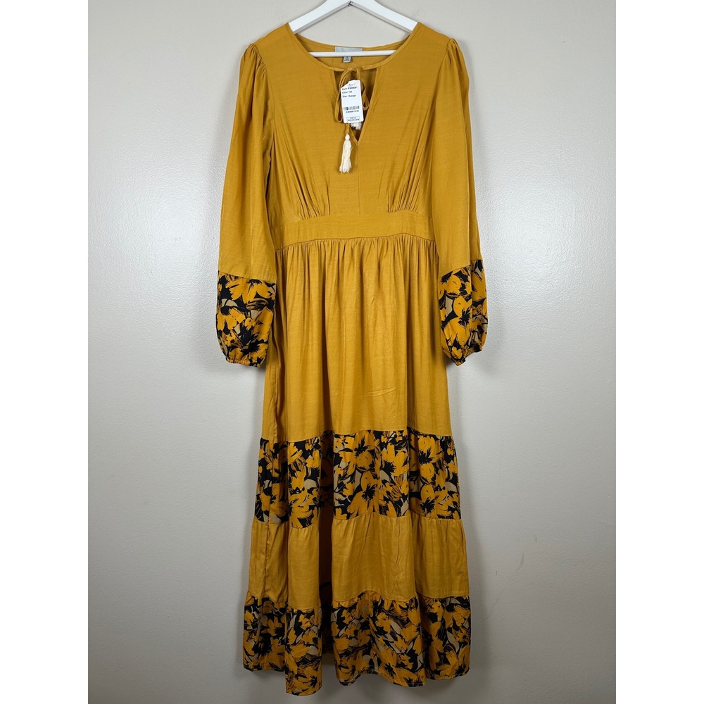 LUUKSE Women's XL Maxi Dress Mustard Yellow Floral Tiered Boho‎ Tassel NEW